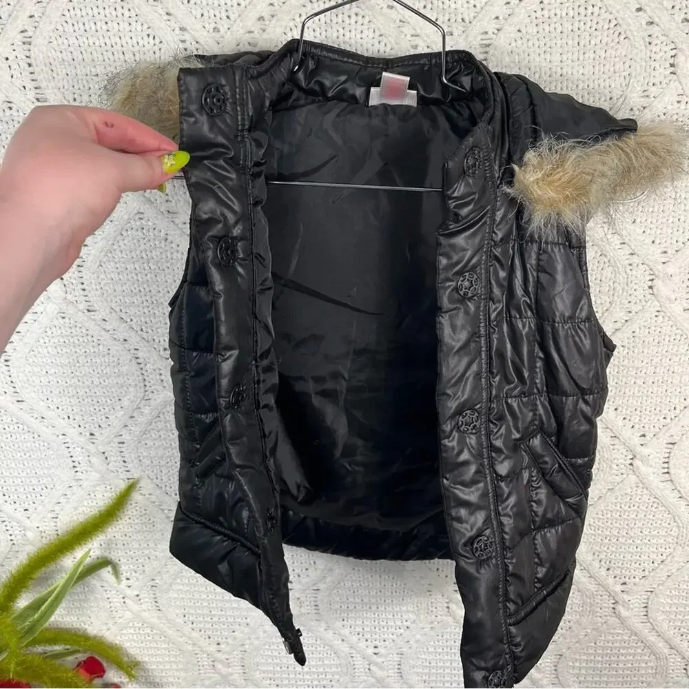 JUSTICE | Black Shiny/Metallic Quilted‎ Puffer Vest with Faux Fur Hood